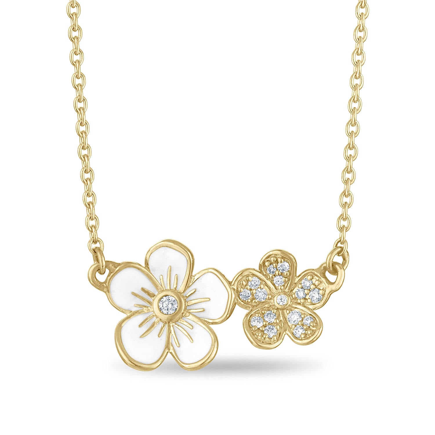 Double Pendant Florette Necklace: Medium Enamel and Small Pavé Diamonds