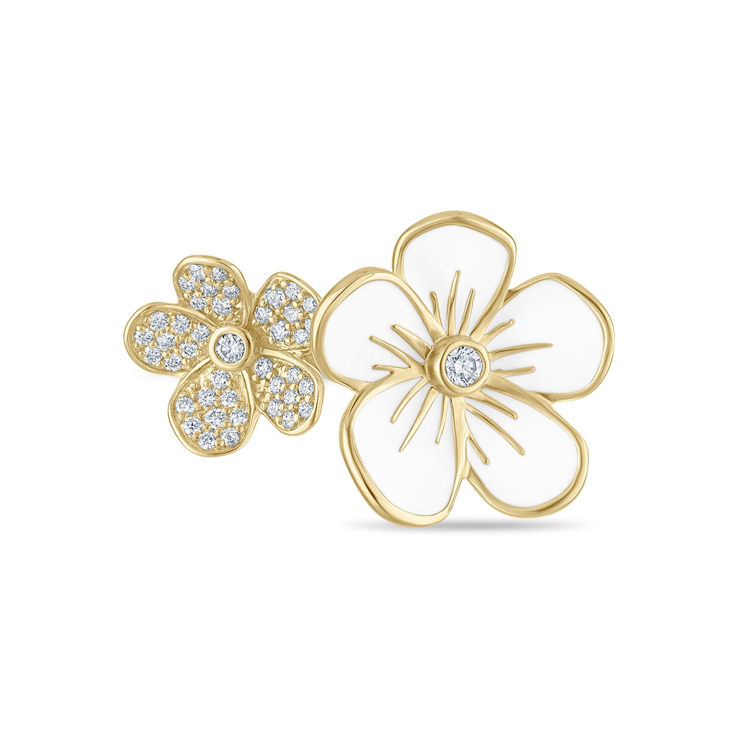 Double Florette Ring in White Enamel and Pavé Diamonds