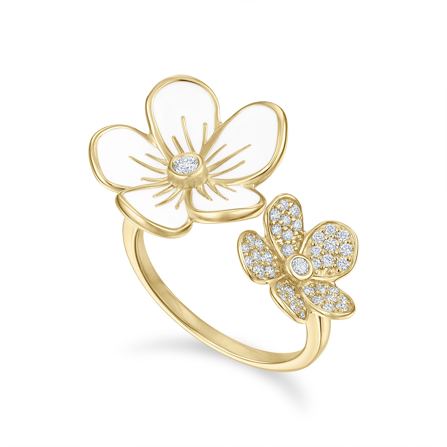 Double Florette Ring in White Enamel and Pavé Diamonds