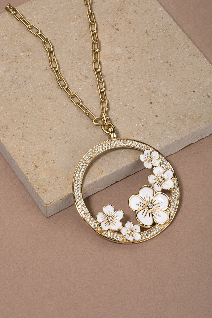 Florette Gold and Diamond Circle Pendant on Long Chain