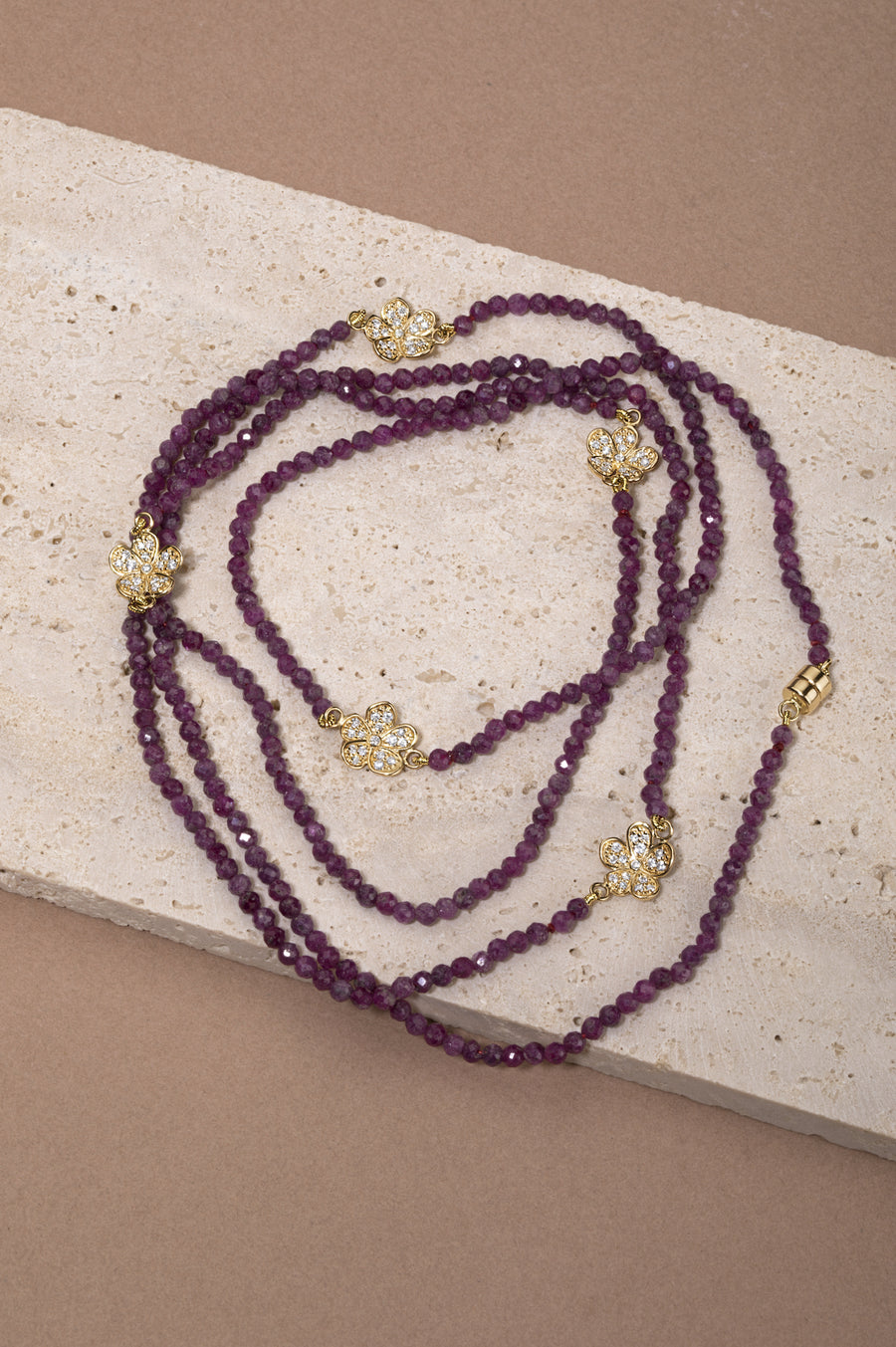 Long Beaded Ruby Necklace with Small Pavé Diamond Florettes