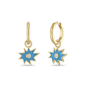 Gold Mini KAPOW! Enamel Charm with Center Diamond Huggies in Blue