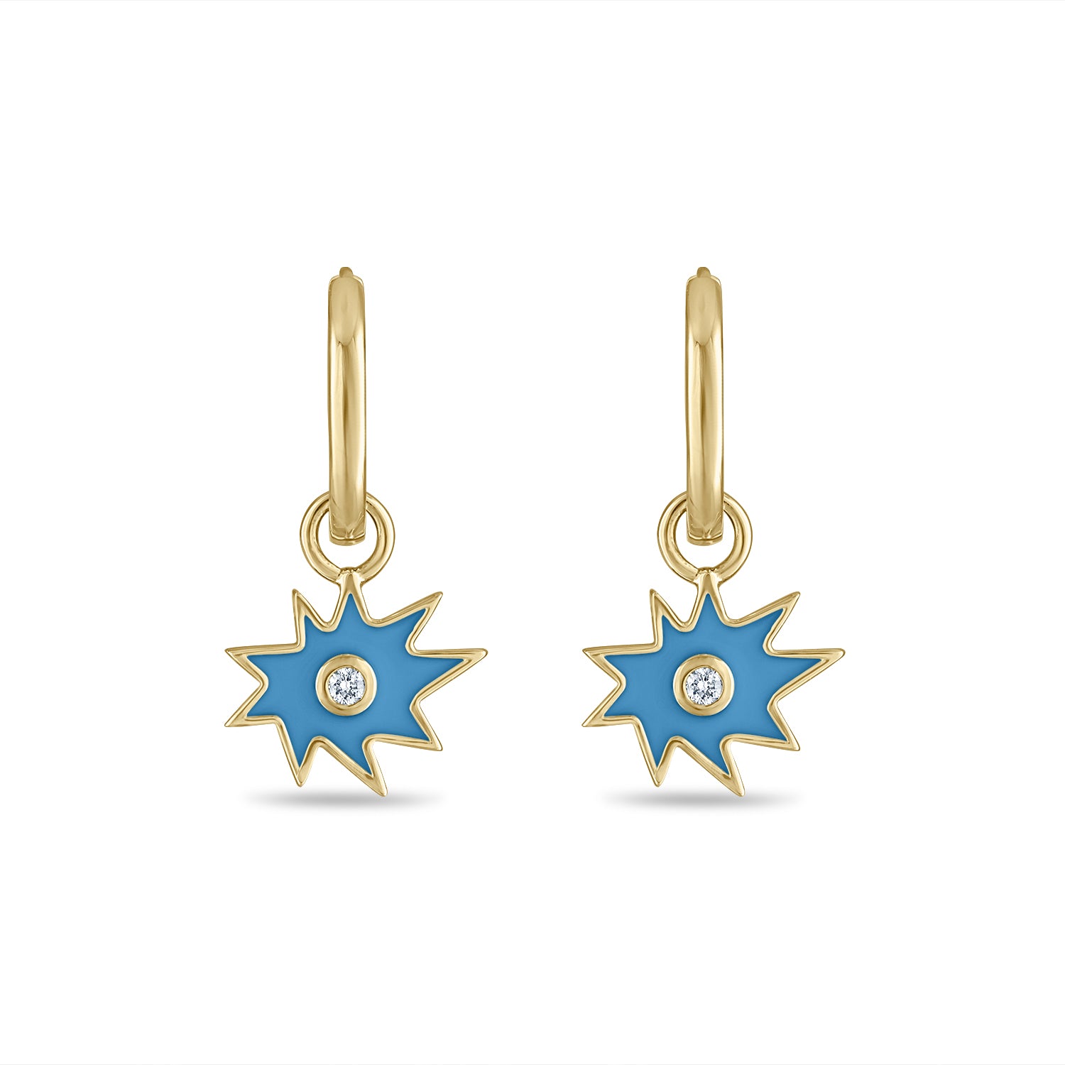 Gold Mini KAPOW! Enamel Charm with Center Diamond Huggies in Blue