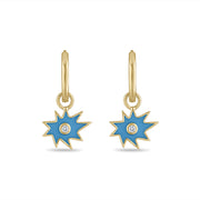 Gold Mini KAPOW! Enamel Charm with Center Diamond Huggies in Blue