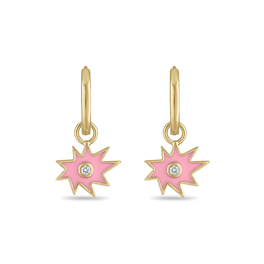 Gold Mini KAPOW! Enamel Charm with Center Diamond Huggies in Pink