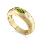 Gold Three Stone Dome Ring with Diamonds and Chrome Diopside