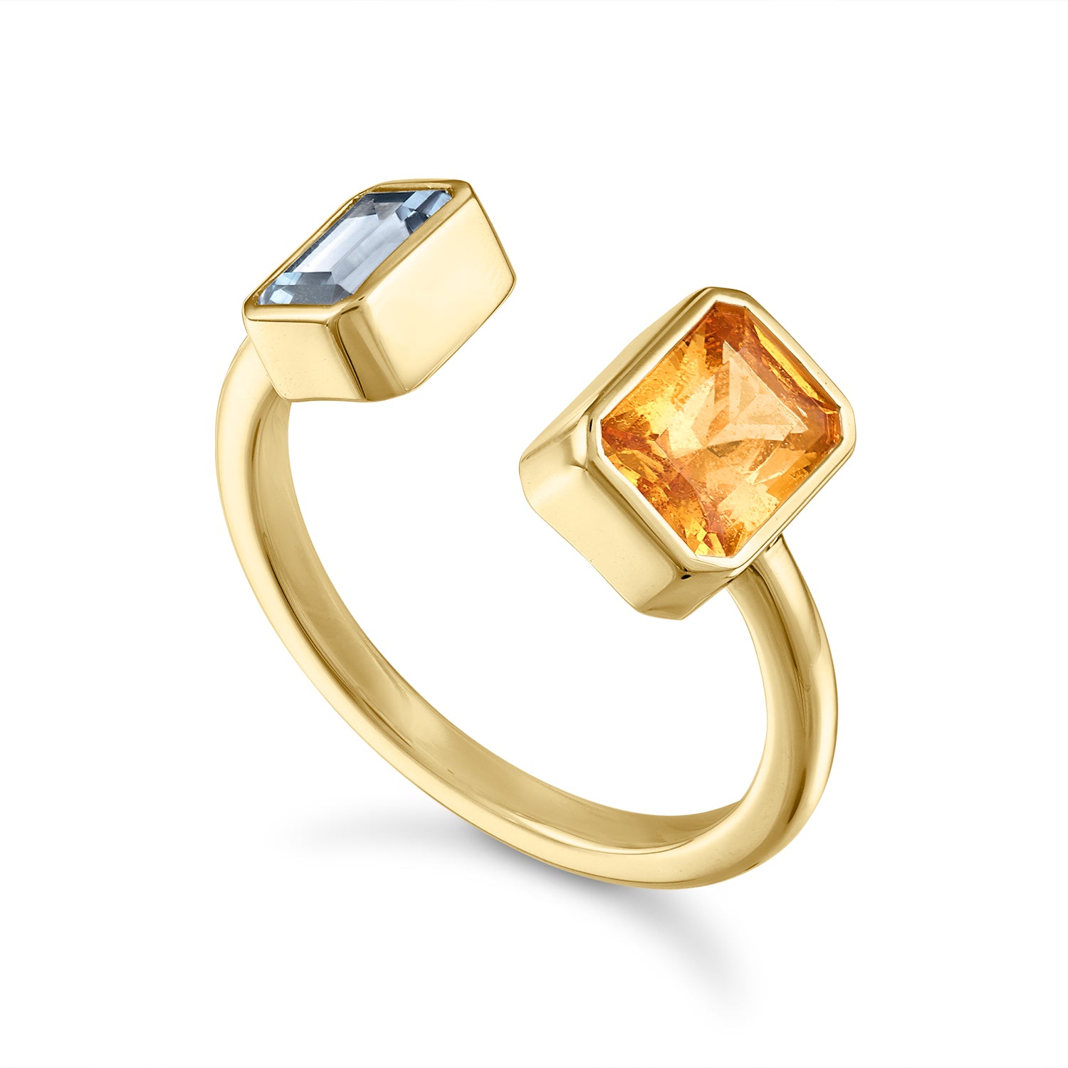 Toi et Moi Bezel Set Gold Ring with Mandarin Garnet and Lavender Spinel