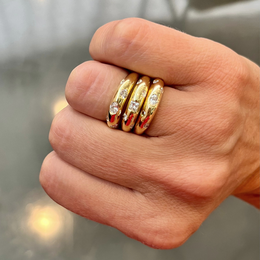 Thin Dome Ring with Oval and Random Diamonds