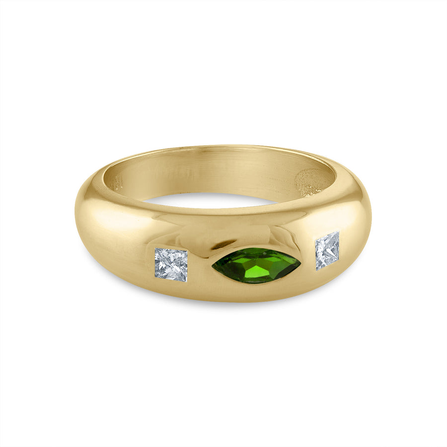 Gold Three Stone Dome Ring with Diamonds and Chrome Diopside