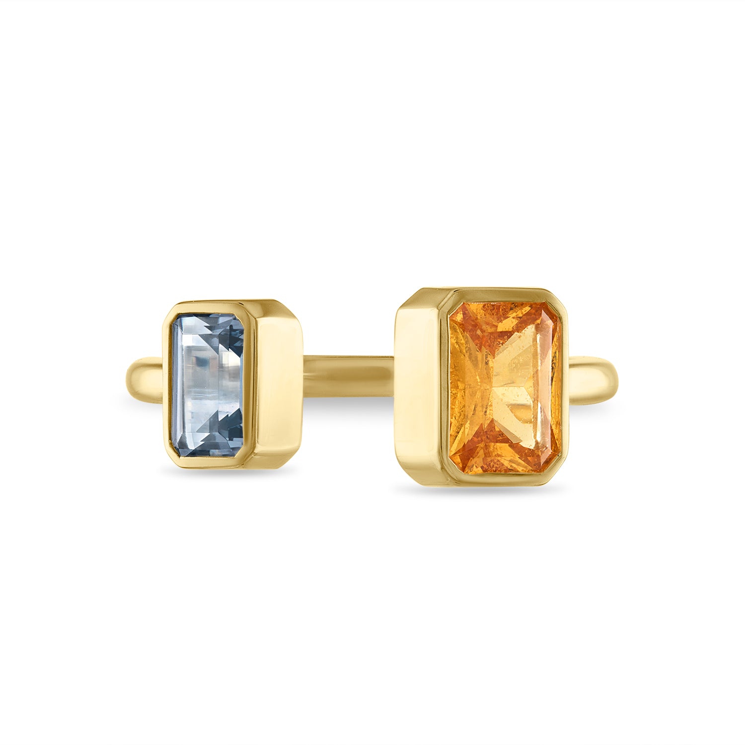 Toi et Moi Bezel Set Gold Ring with Mandarin Garnet and Lavender Spinel