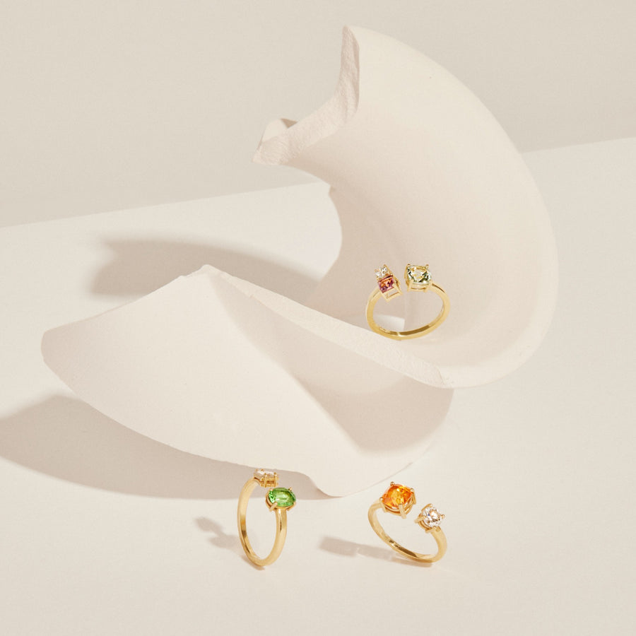 Toi et Moi Three Stone Gold Ring with Aquamarine, Diamond and Pink Tourmaline