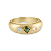 Gold Four Stone Dome Ring with Diamonds, Sapphire and Tourmaline
