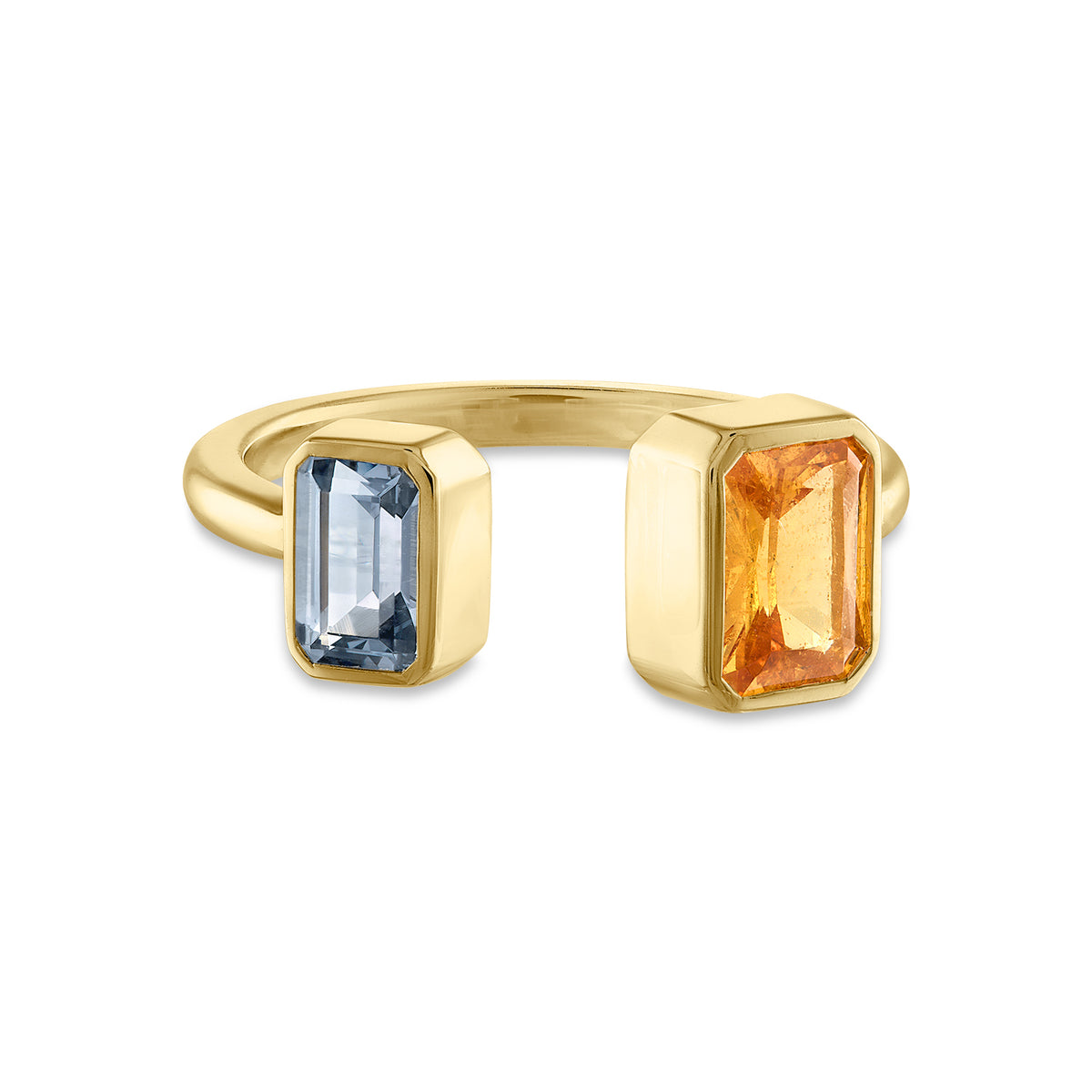 Toi et Moi Bezel Set Gold Ring with Mandarin Garnet and Lavender