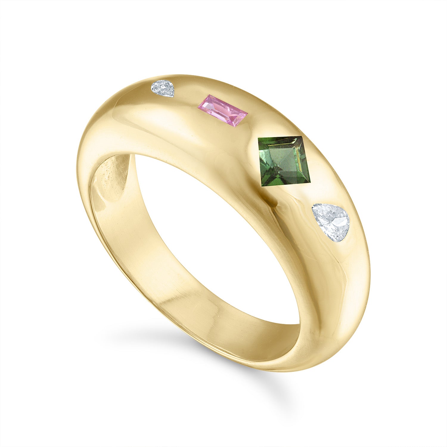 Gold Four Stone Dome Ring with Diamonds, Sapphire and Tourmaline