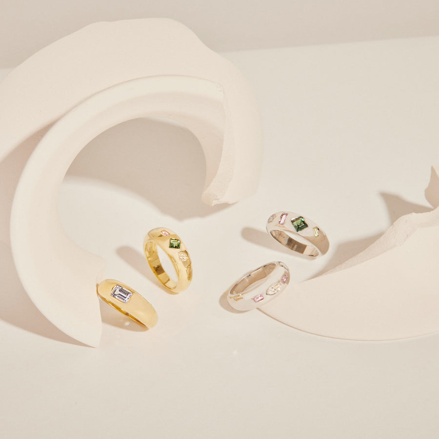White Gold Three Stone Dome Ring with Diamond and Pink Sapphire