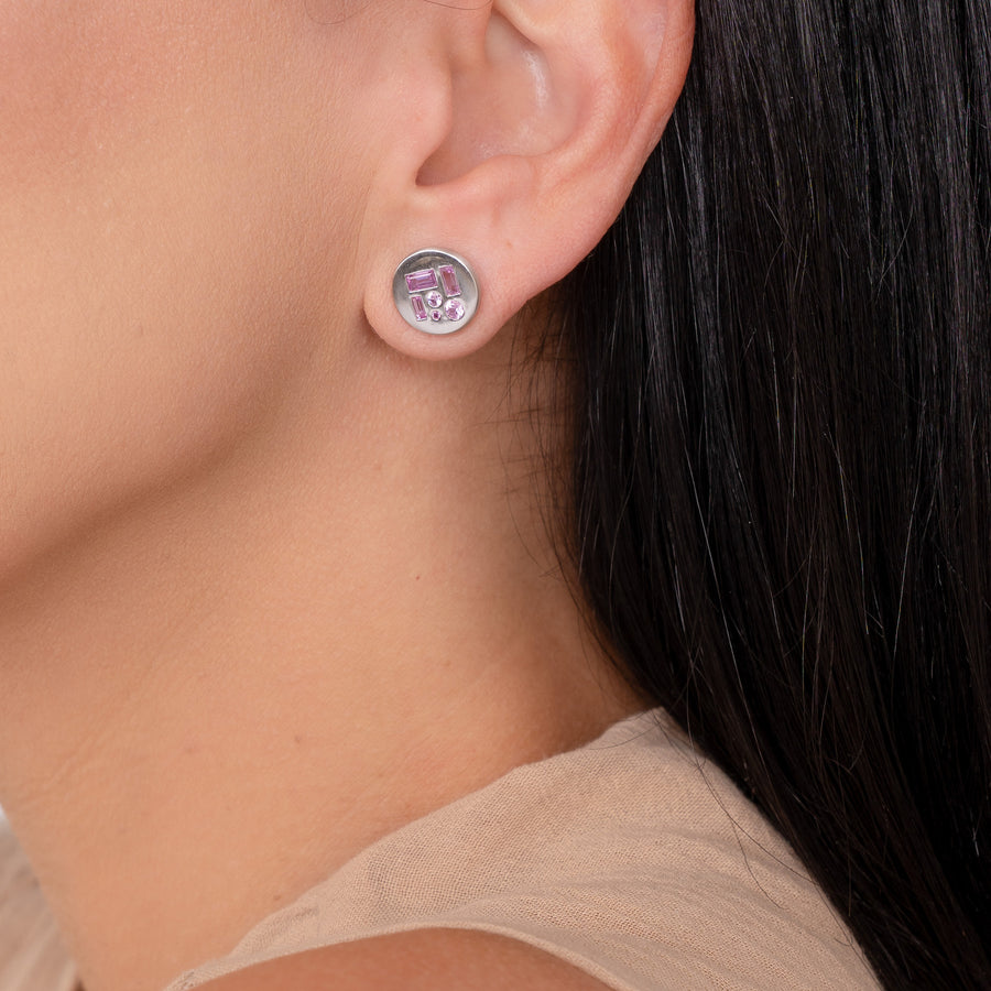 White Gold Disc Earrings with Pink Sapphire