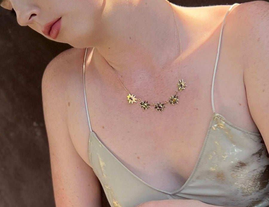 Gold Five Star Midi KAPOW! Necklace with Rainbow Gemstones and Diamonds