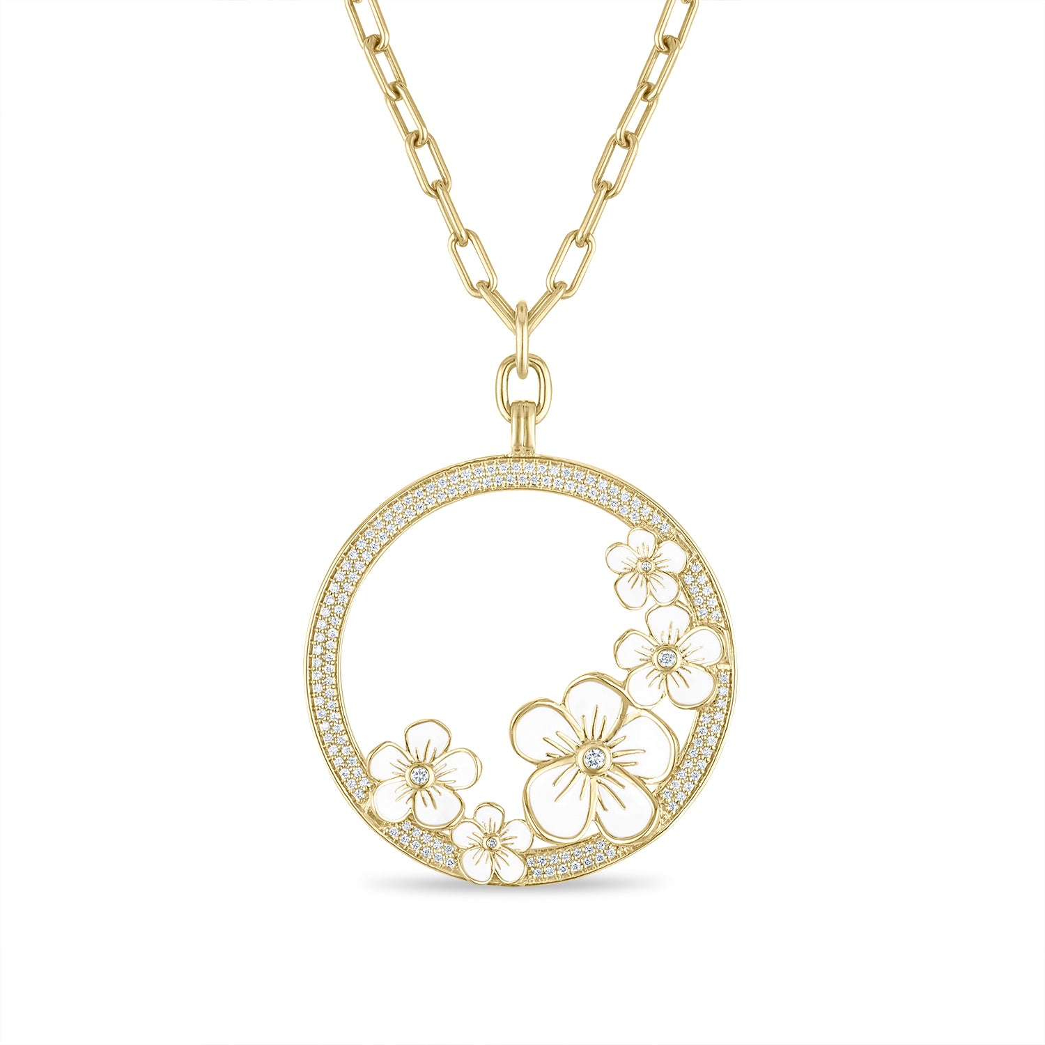 Florette Gold and Diamond Circle Pendant on Long Chain