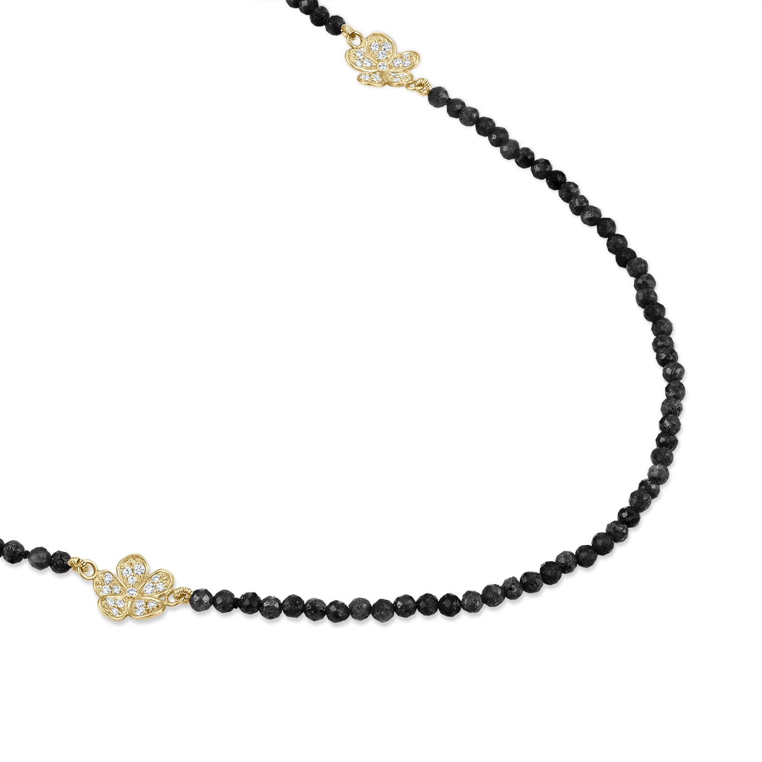 Long Beaded Black Agate Necklace with Small Pavé Diamond Florettes