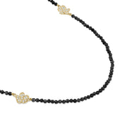 Long Beaded Black Agate Necklace with Small Pavé Diamond Florettes