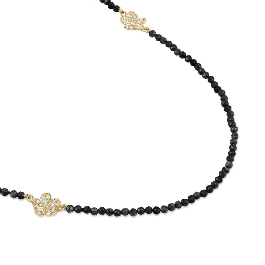 Long Beaded Black Agate Necklace with Small Pavé Diamond Florettes