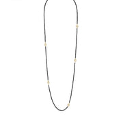 Long Beaded Black Agate Necklace with Small Pavé Diamond Florettes