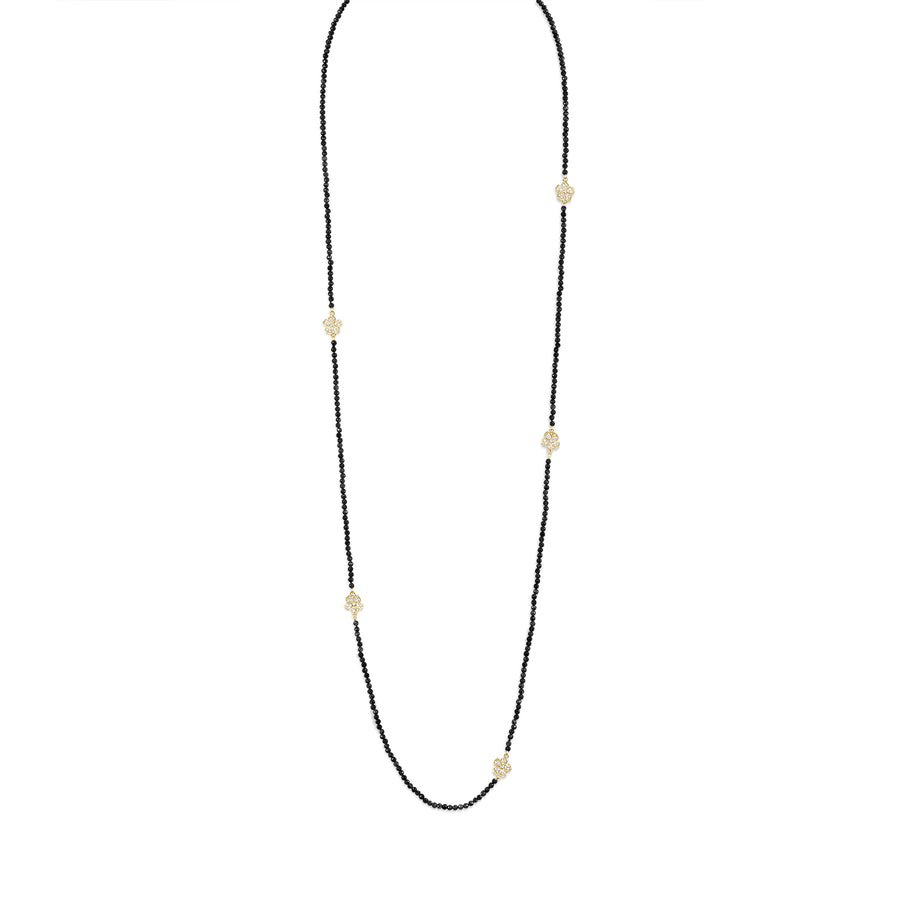 Long Beaded Black Agate Necklace with Small Pavé Diamond Florettes