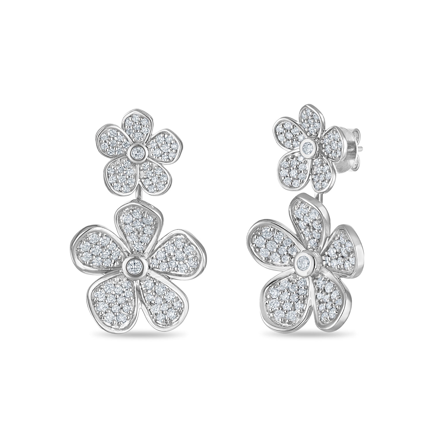 Convertible Double Florette Earrings in Pavé Diamonds and White Gold