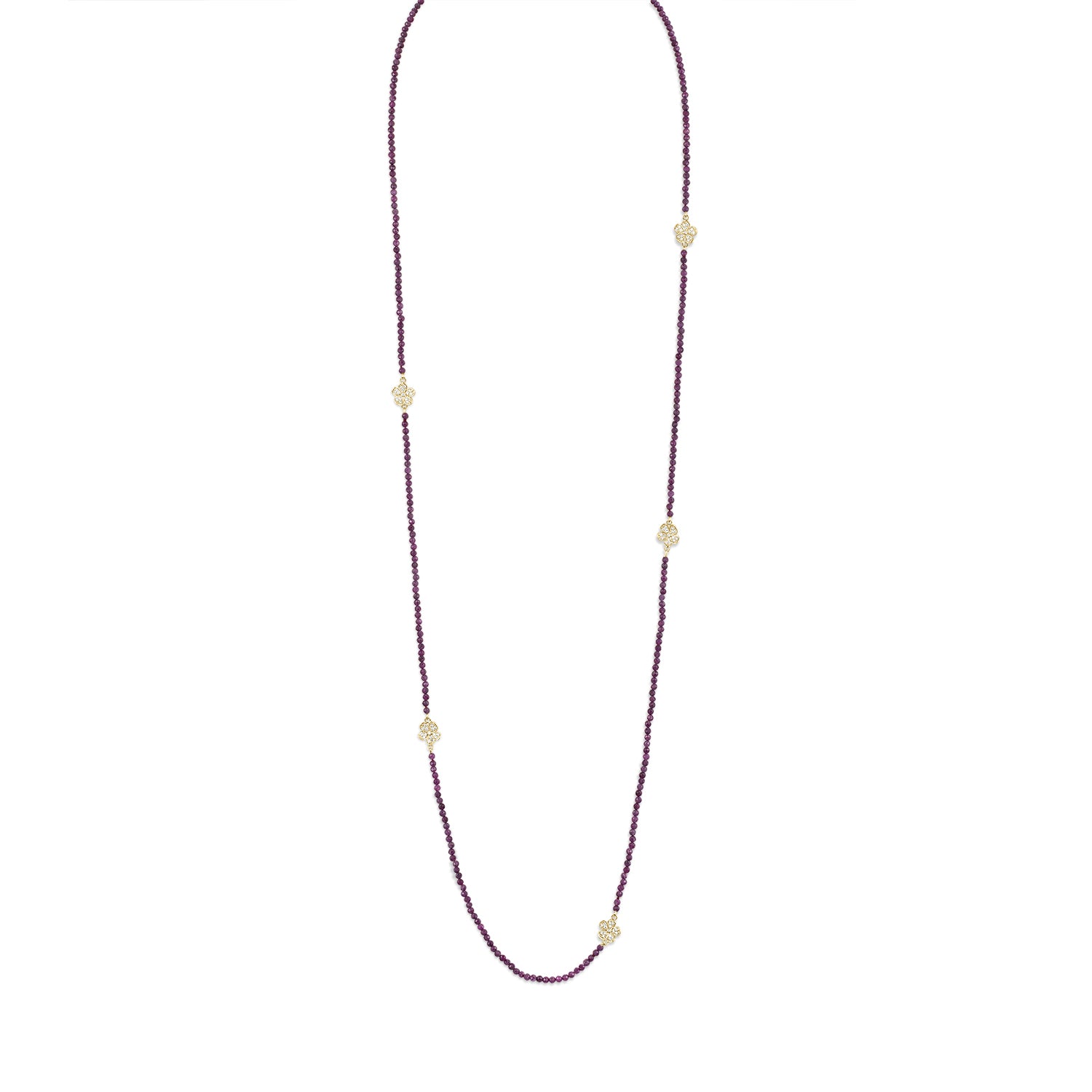 Long Beaded Ruby Necklace with Small Pavé Diamond Florettes