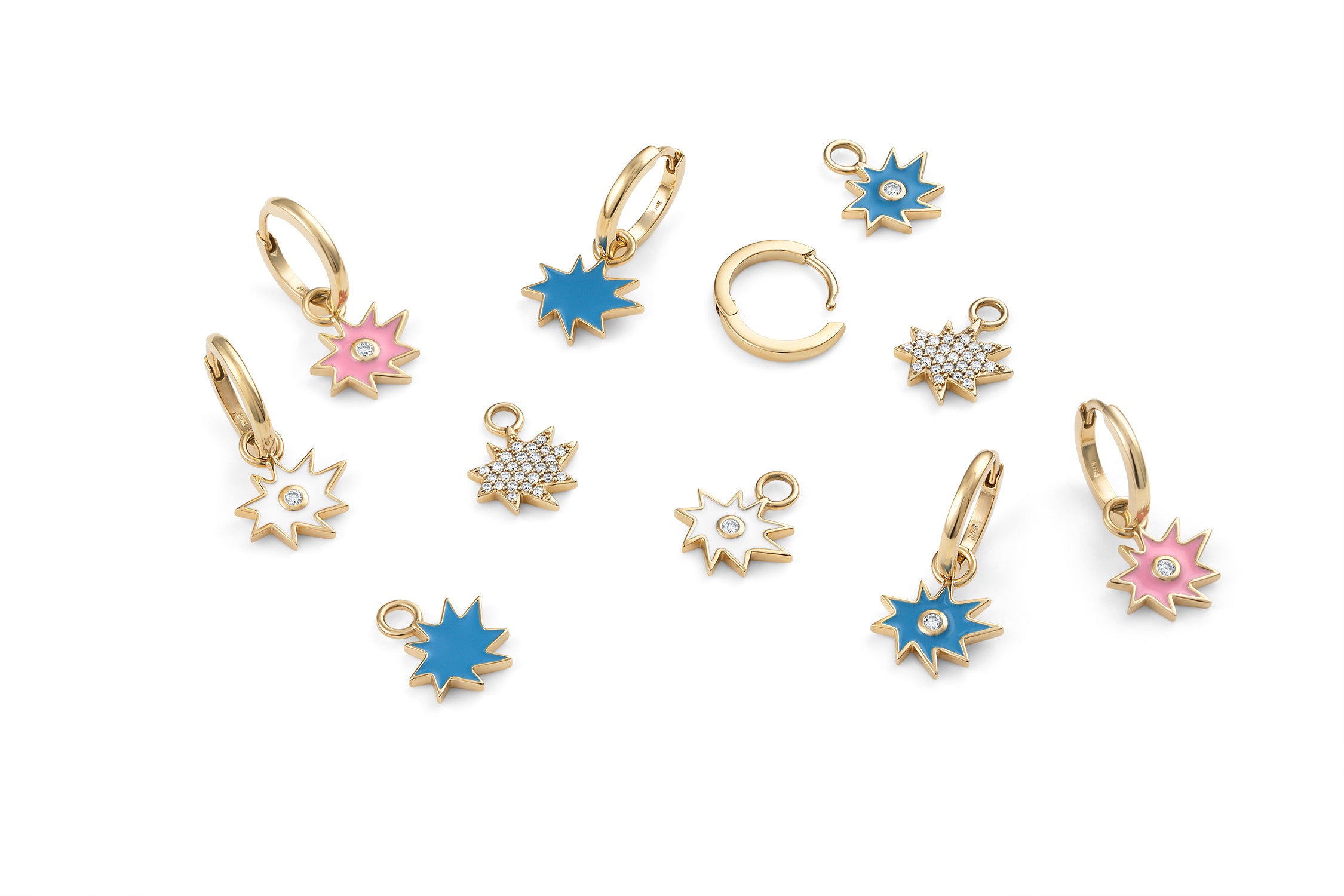 Gold Mini KAPOW! Enamel Charms on Huggies in Blue