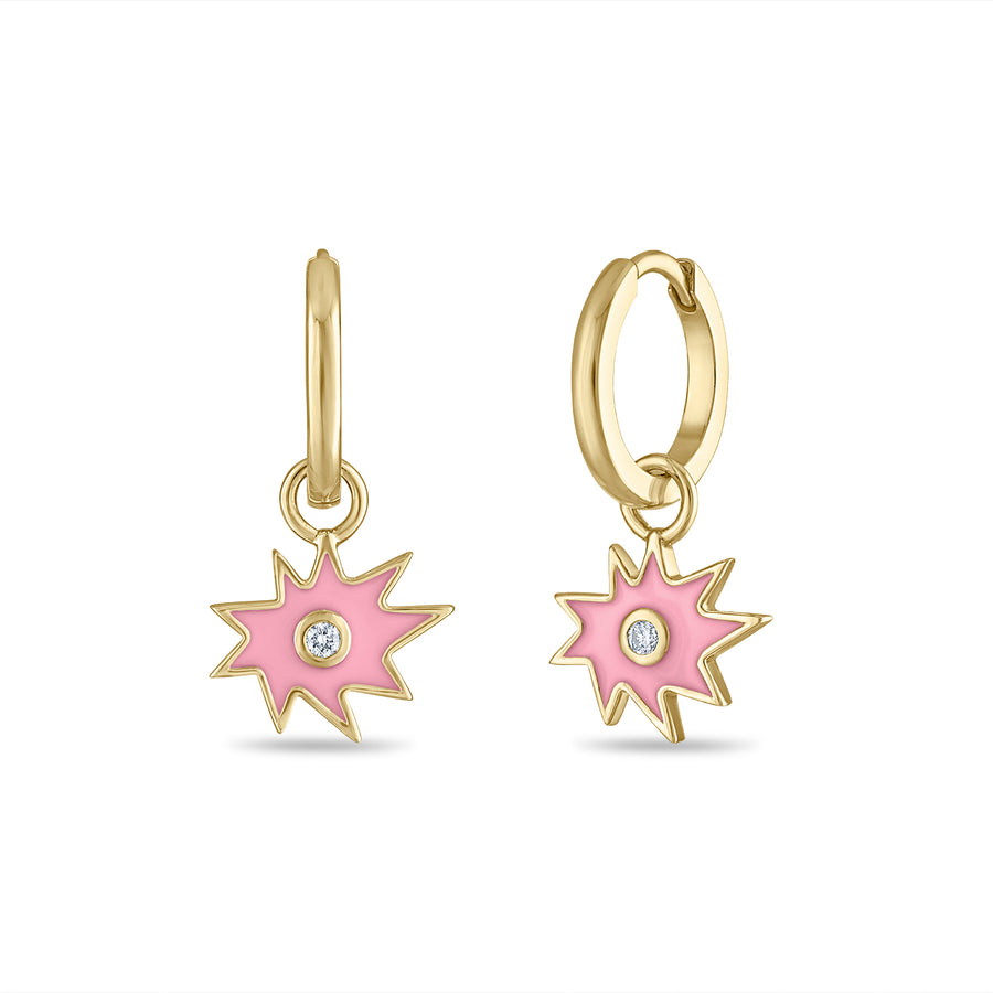 Gold Mini KAPOW! Enamel Charm with Center Diamond Huggies in Pink