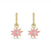 Gold Mini KAPOW! Enamel Charm with Center Diamond Huggies in Pink