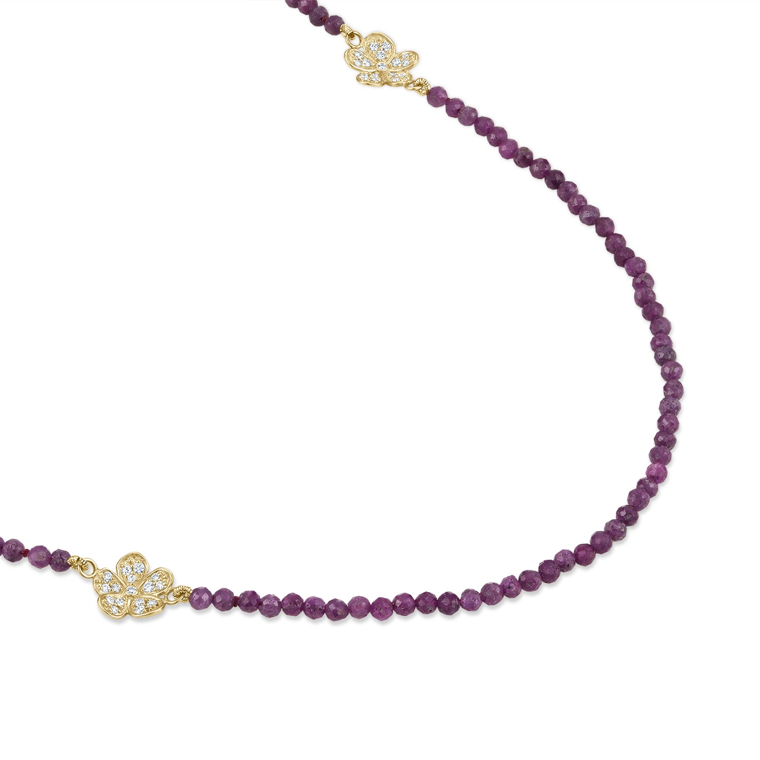 Long Beaded Ruby Necklace with Small Pavé Diamond Florettes