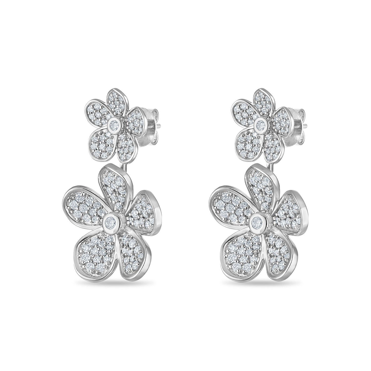 Convertible Double Florette Earrings in Pavé Diamonds and White Gold