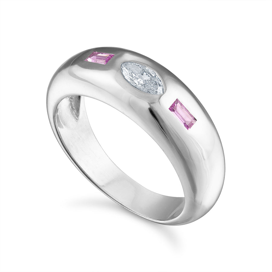 White Gold Three Stone Dome Ring with Diamond and Pink Sapphire