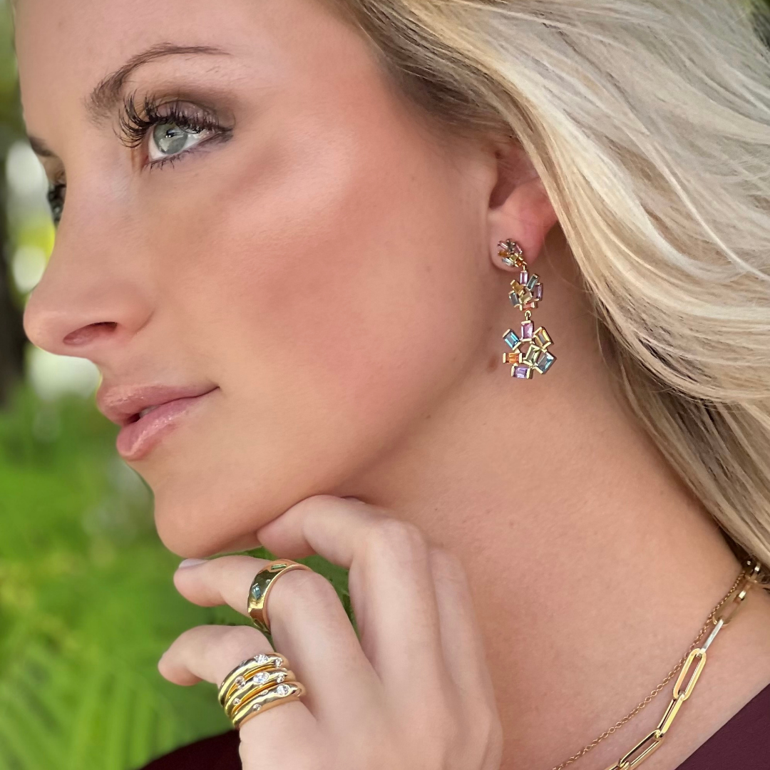 Triple Jubilation Earrings: Rainbow Gemstone