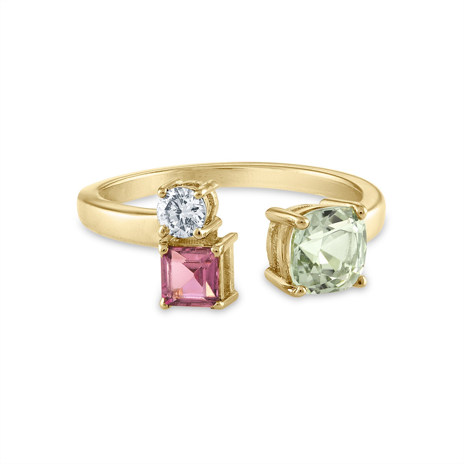 Toi et Moi Three Stone Gold Ring with Aquamarine, Diamond and Pink Tourmaline