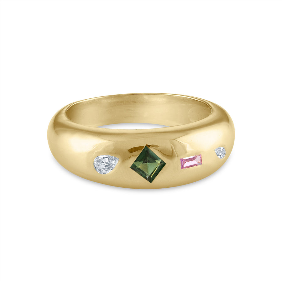 Gold Four Stone Dome Ring with Diamonds, Sapphire and Tourmaline