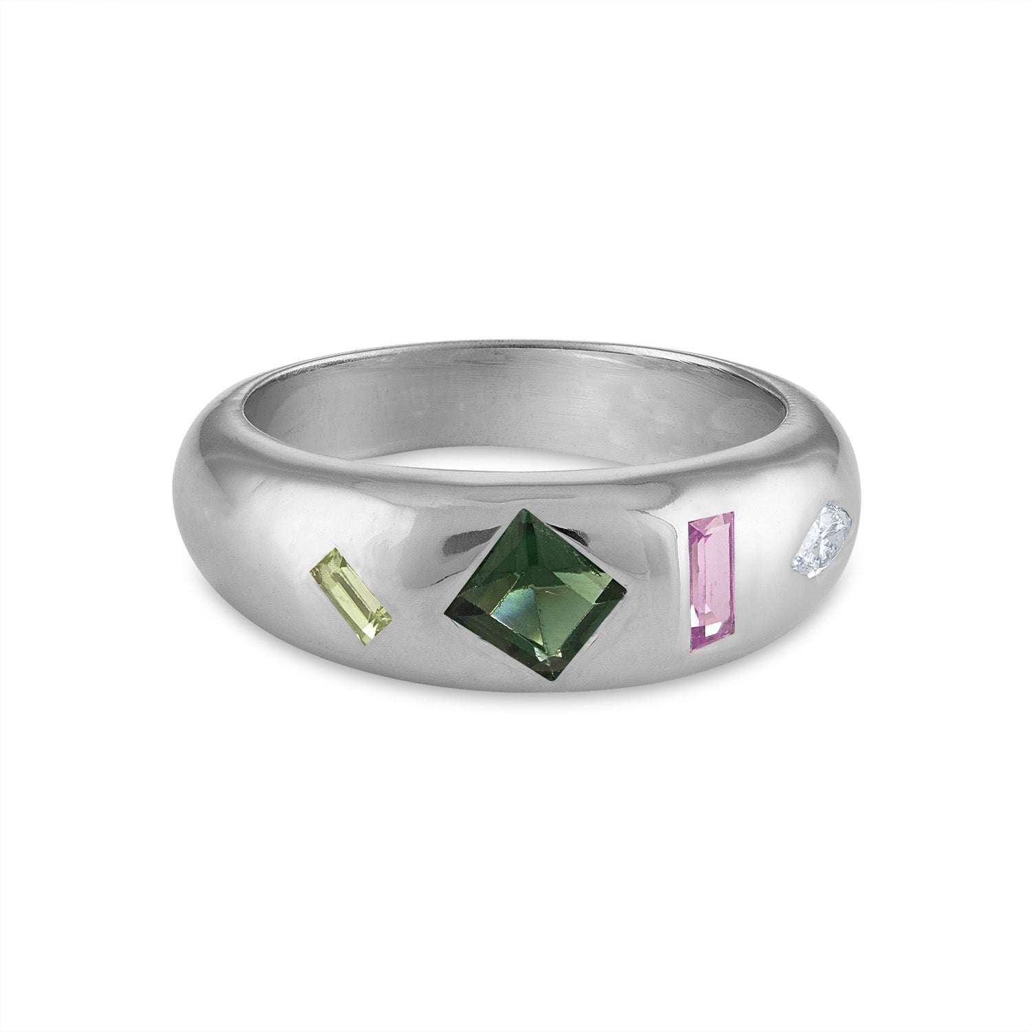 White Gold Four Stone  Dome Ring with Diamond, Sapphire, Tourmaline and Peridot
