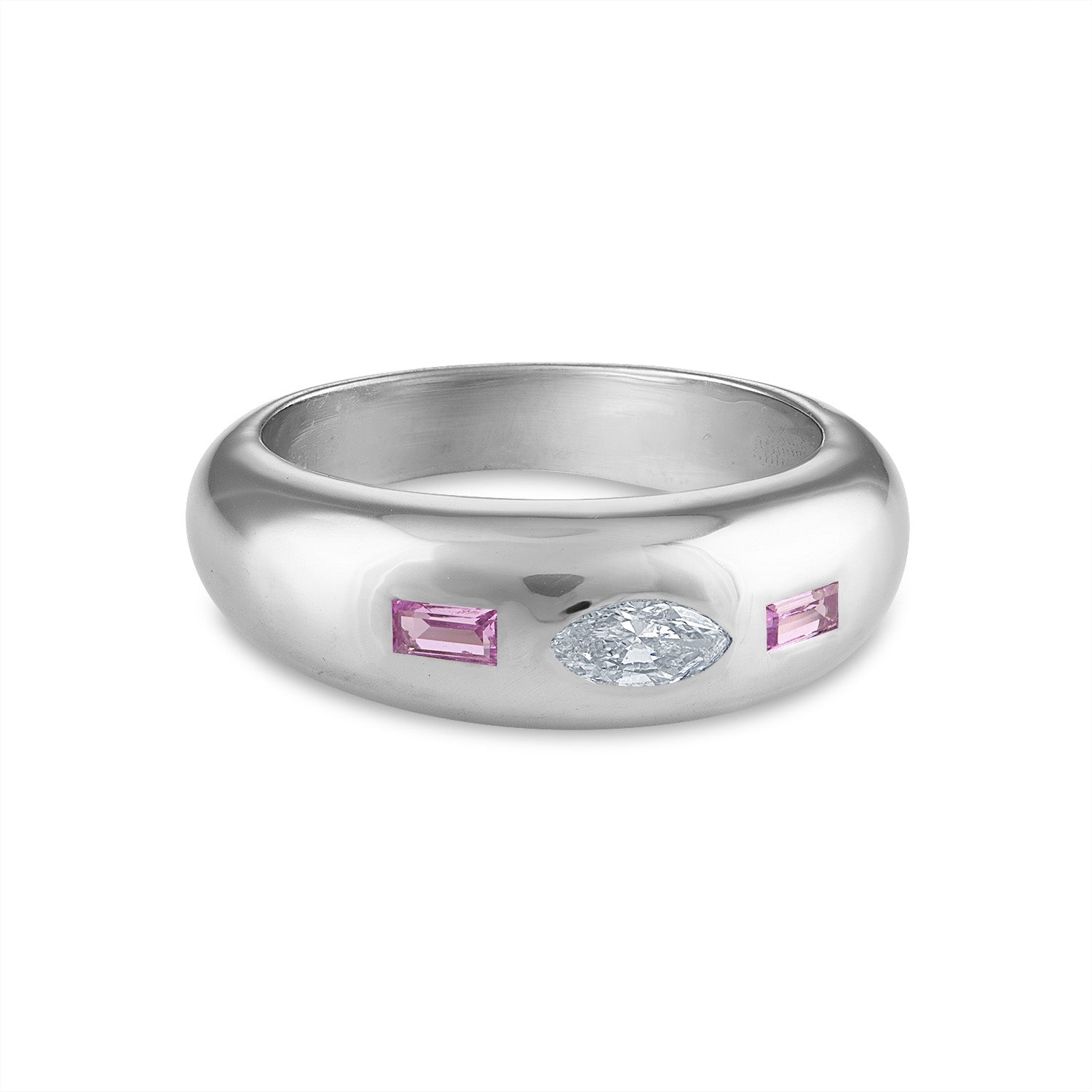 White Gold Three Stone Dome Ring with Diamond and Pink Sapphire